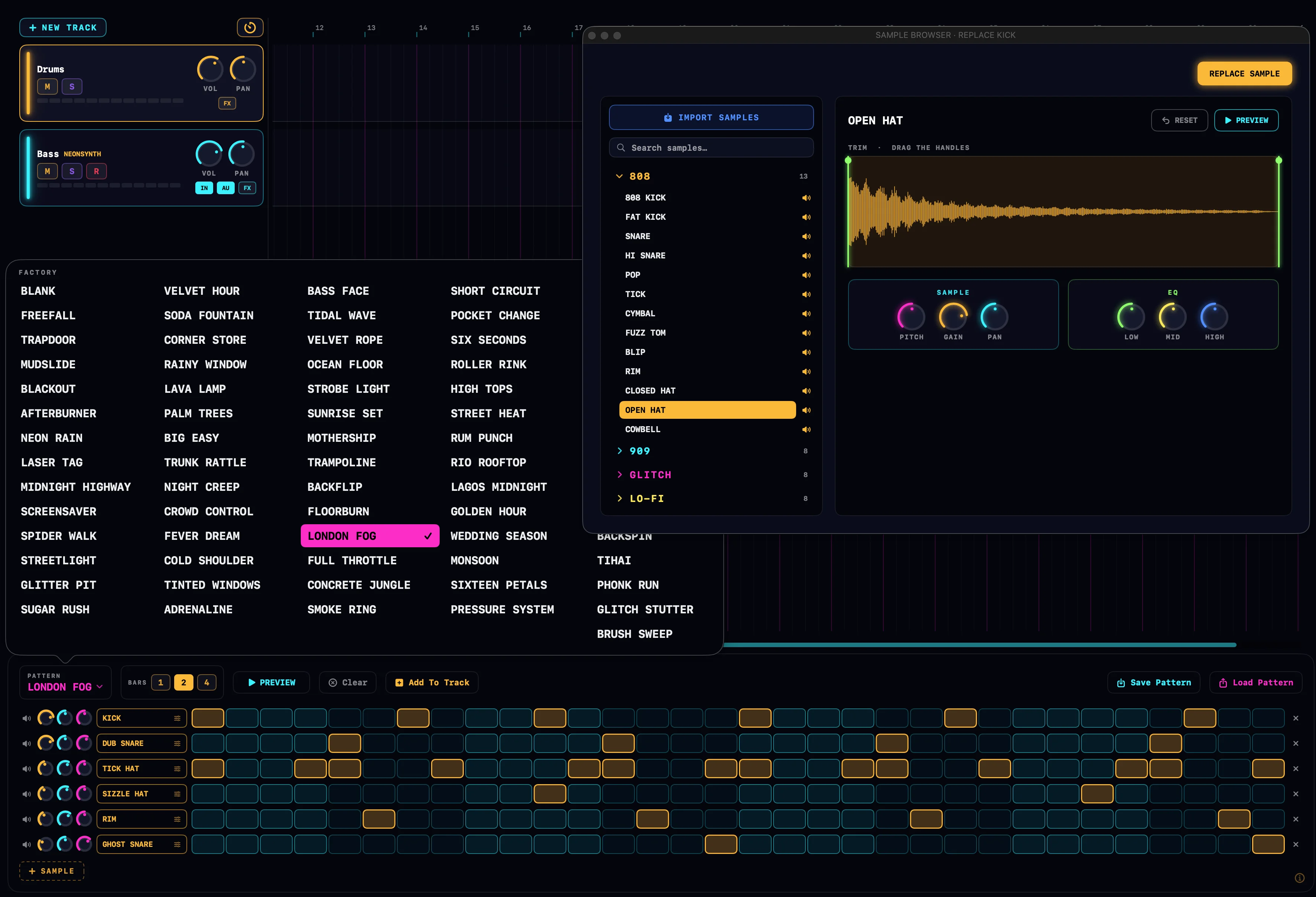 The NeonDAW 16-step drum machine with sample kits