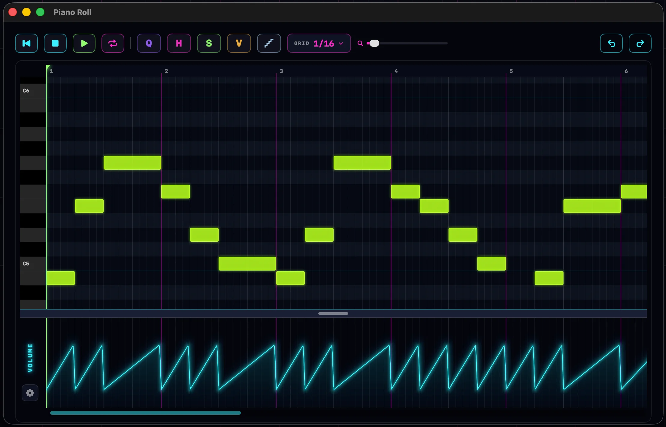 The NeonDAW MIDI editor — a full-window piano roll with notes and velocity